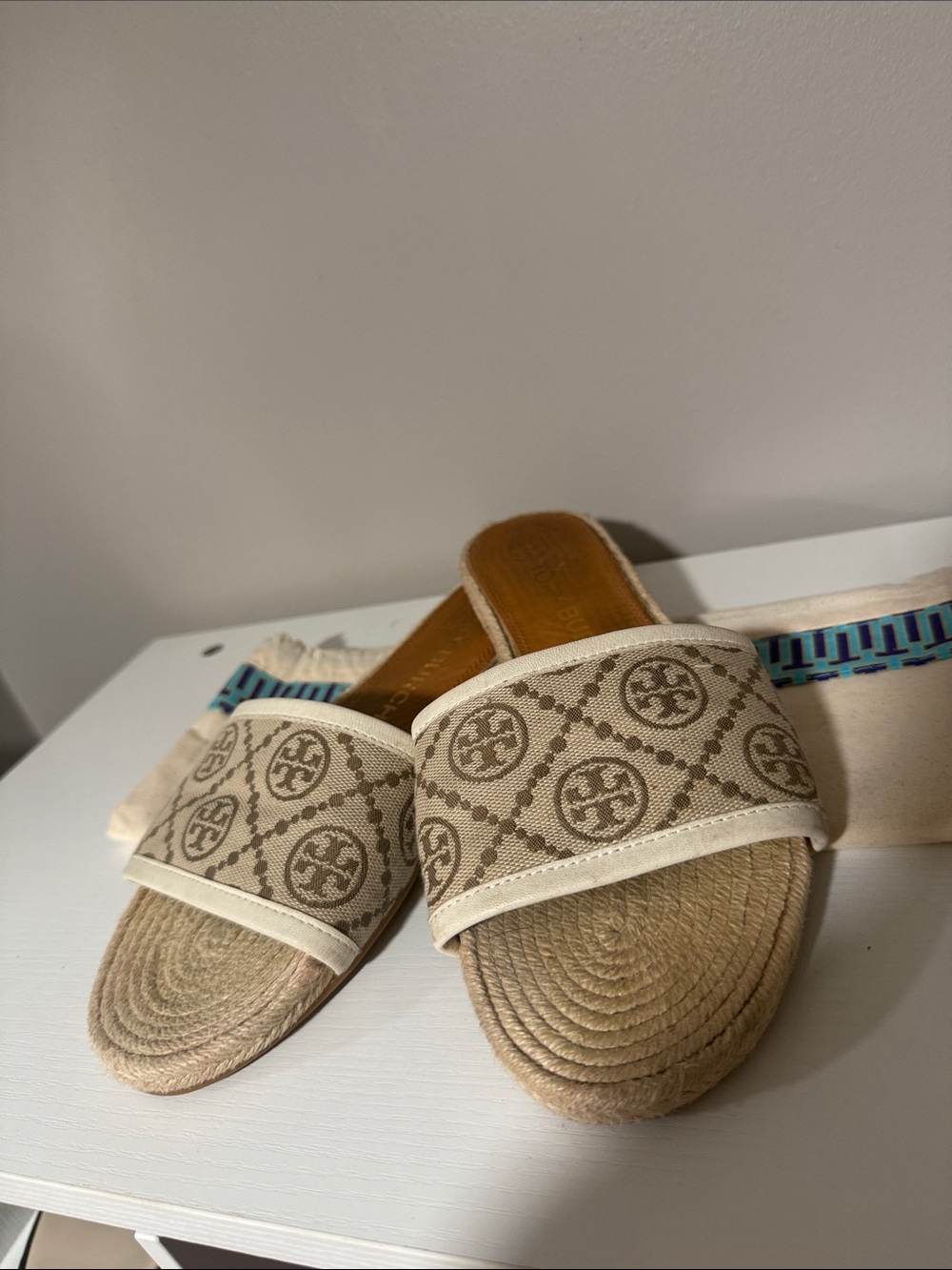 Tory Burch Beige Logo Espadrille Slide Sandals